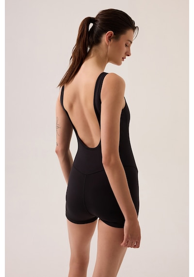 Los Ojos X Ece Siyah Kare Yaka Askılı Kısa Spor Tulum Unitard Siyah Siyah