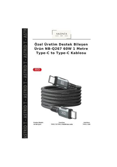 Özel Üretim Destek Bileşen Ürün Nb-q267 60w 1 Metre Type-c To Type-c Kablosu