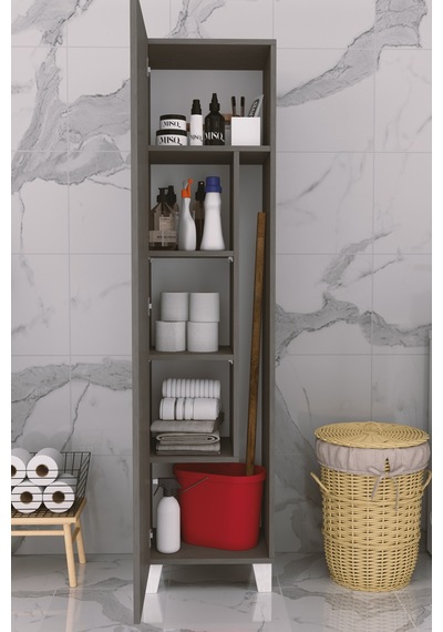 Çok Amaçlı Kapaklı Banyo Dolabı - Yüksek Raflı, Dar Alanlara Uyumlu Depolama Dolabı - Kil Grisi - 45cm Çok Amaçlı Kapaklı Banyo Dolabı - Yüksek Raflı, Dar Alanlara Uyumlu Depolama Dolabı - Kil Grisi - 45cm