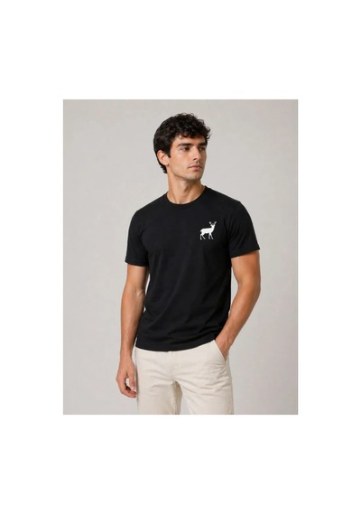 Butik İstanbul Erkek Minimal Geyik Logolu Tişört Bisiklet Yaka Kısa Kol Yazlık T-shirt - Siyah