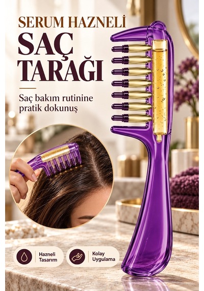 Mor Serum Hazneli Saç Tarağı Hazneli Saç Derisi Bakım Yağ Serum Tarağı Masaj Başlıklı Tarak
