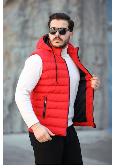 Mero Life Erkek Kırmızı Standart Fit Çıkarılır Kapüşonlu Cepli Fermuarlı Şişme Yelek