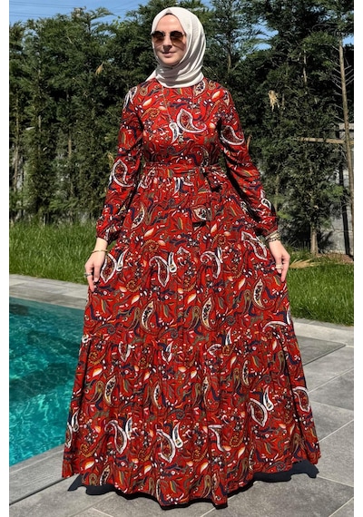 Rabia Şamlı Şal Desenli Elbise Kiremit Normal