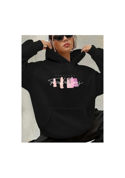 Herkesemoda Yazı Detaylı Kapüşonlu Sweatshirt Siyah