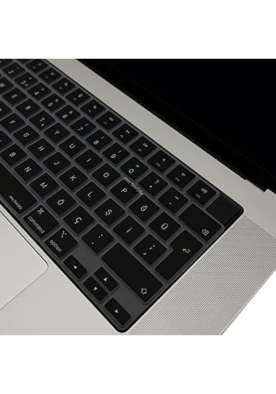 Macbook Türkçe Q Klavye Koruyucu M1-m5 Air 13.6 A2681 A3113 A3240 A3449 Pro 14 A2442 A3426 A3434 Pro 16 A2485 A3429 Neo 13 Ultra İnce Silikon Keyboard Cover Touch Id Protector Siyah