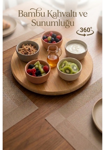 360 Derece Dönebilen Bambu Sunumluk Ve Kahvaltı Tablası Döner Tabla 30 Cm Bej Bej