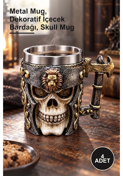 4 Adet Kuru Kafa Figürlü 3d Kabartmalı Paslanmaz Çelik Kupa Metal Mug, Dekoratif İçecek Bardağı, Skull Mug
