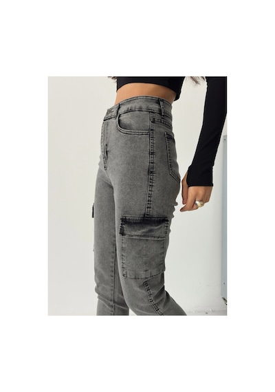 Kene Jeans Kadın Kar Siyah Kargo Cep Dar Paça Siyah