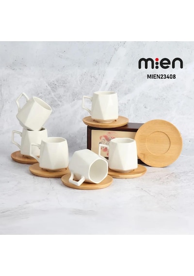 Mien Dayanıklı Bambu Tabaklı Köşeli Porselen Fincan Takımı 6 Kişilik -23408