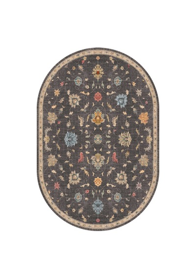 Vintage Desenli Dokuma Pamuk Taban Dijital Dekoratif Oval Halı Gri