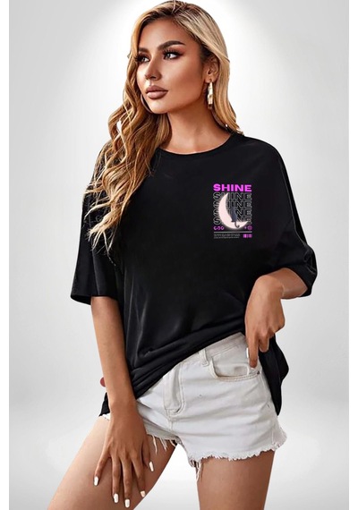 Parlasol Yan Siyah Kedi Siyah Oversize Unisex Ön Sol Yan Minimal Baskılı Tişört Koyu Siyah