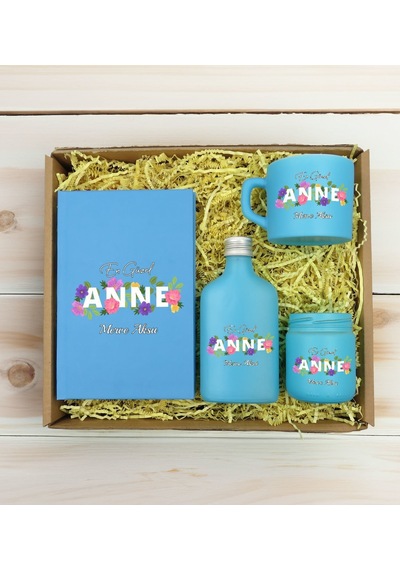 Bk Gift Kişiye Özel İsimli Dtf Anne Temalı Turkuaz Defter & Kahve Fincanı & Kolonya & Mum Hediye Seti-3, Anneye Hediye, Anneler Günü Hediyesi Kobitmey