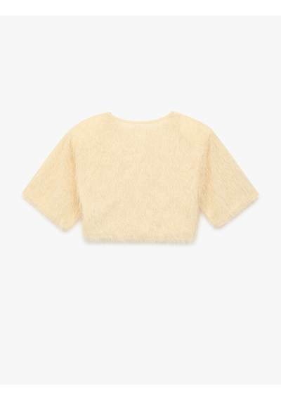 Koton Kısa Kollu Bisiklet Yaka Püsküllü Crop Bluz Ekru 6sak10055uk
