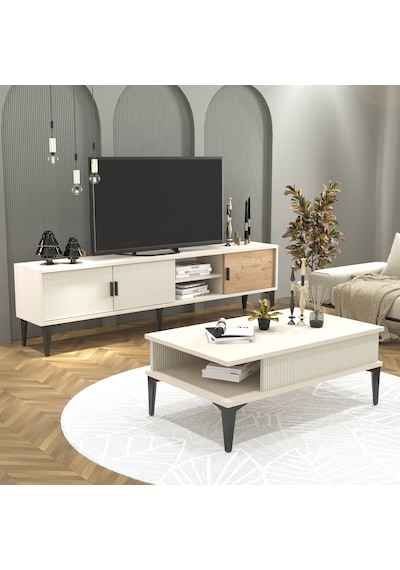 Marin Tv Ünitesi 180 Cm - Orta Sehpa Seti Çizgi Desenli, Set