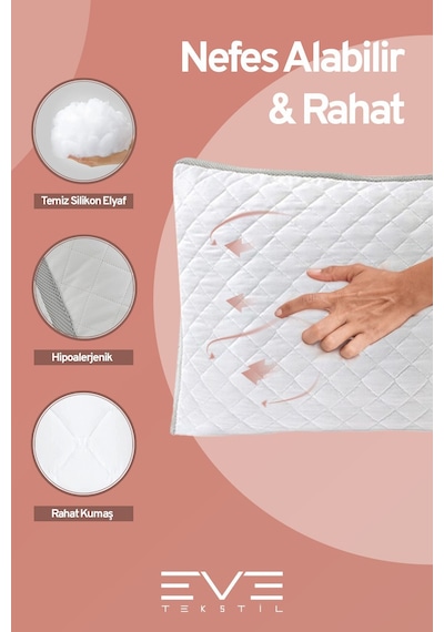 Eve Tekstil 2 Adet Klimax Serisi Kılıflı Fermuarlı Klimali Antialerjik Silikon Elyaf Yastık 50x70cm 900 Gr Beyaz