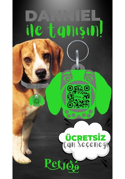 Petjoo 21.Danniel Yeşil-Gri Qr'lı Köpek Künyesi