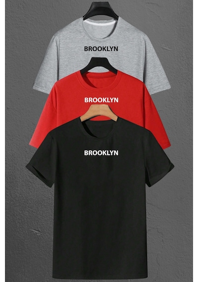 Brooklyn Baskılı Unisex Oversize 3'lü T-shirt Paketi Siyah