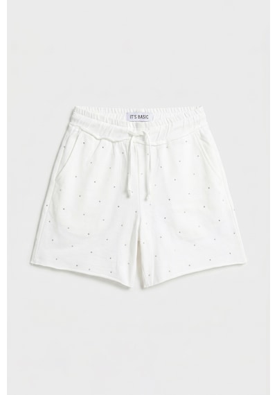 Itsbasic Kadın Beyaz T-s6-101 Relax Fit Parlak Taşlı Özel Tasarım Örme Şort