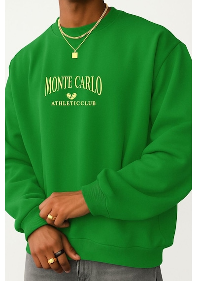 Benroma 3 İplik Penye Monte Carlo Baskılı Unisex Sweatshırt Yeşil