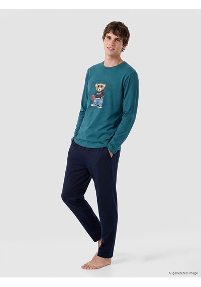 Lc Waikiki Lc Waıkıkı Petrol Regular Fit Teddy Baskılı Erkek Pijama Takımı