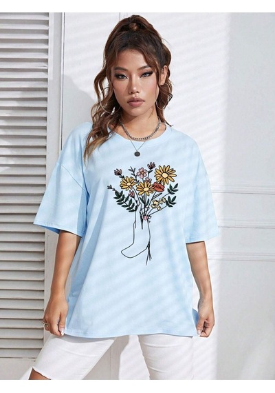Çiçek Desenli T-shirt - Bebe Mavisi Oversize Baskılı Bisiklet Yaka Bebe Mavisi