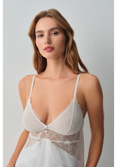 Suwen Bride Dantelli Kısa Gecelik Wsh10710075036 Ekru