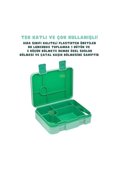 Bento 1300ml Lunchbox Tek Katlı 4 Bölmeli Abs Plastik Çocuk Sefer Tası Yemek Kutusu Yeşil Çok Renkli