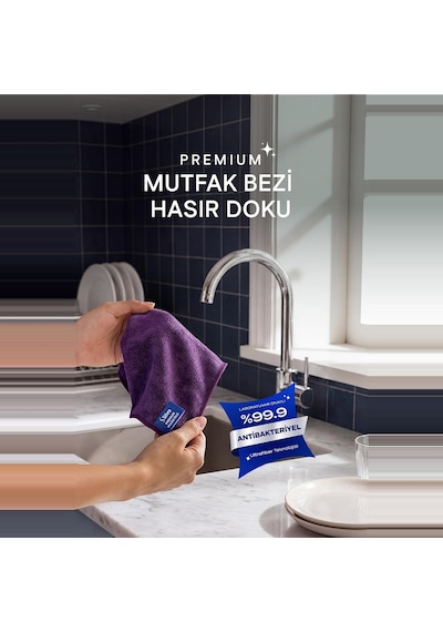 Tr Premium Mutfak Bezi Hasır Doku 30x30 Cm, Mikrofiber Temizlik Bezi, Yağ Ve Parmak İzini Yaymadan Toplar, Sadece Suy Genel