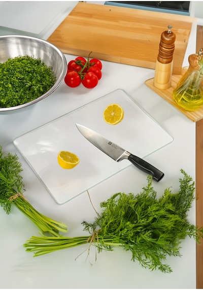 Miabella Home Şeffaf Cam Kesme Tahtası, Kesme Tablası Kenarları Oval, Antibakteriyal, Sunum Tahtası Şeffaf