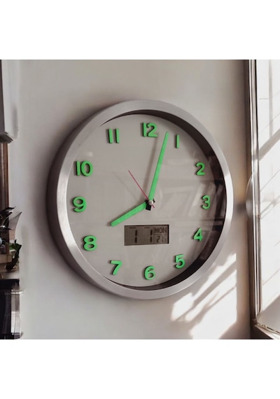 Fosforlu Termometreli Isı Ölçer Dijitalli Kabartma Rakam Beyaz Duvar Saati Metal Çap 30 Cm Beyaz