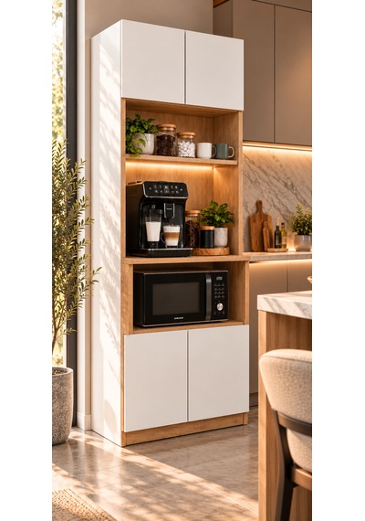 Kahve Köşesi Dolabı Modern Led Aydınlatmalı Raflı Mutfak Rafı Dolabı Atlantik Çam