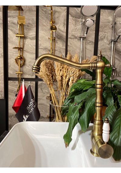 İsaoğlu Yapı Antik Gold Zen Design Rustik Mufak Bataryası Mat Gold Rustik Batarya Pirinç Musluk Altın Evye Musluk Gold