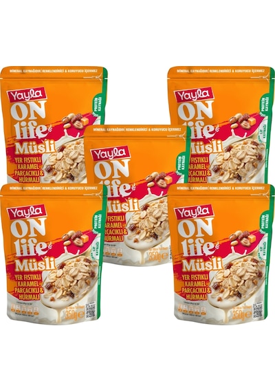 Yayla Onlife Yer Fıstıklı Karamel Parçacıklı Ve Hurmalı Müsli 350 G X5