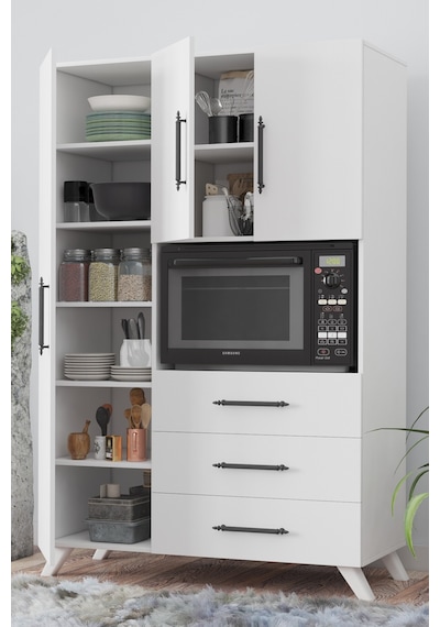 AE-2074 Aras Beyaz Çok Amaçlı Mutfak Dolabı&Banyo Dolabı,Kiler, 3 Kapaklı, 3 Çekmeceli, Fırın bölme Beyaz