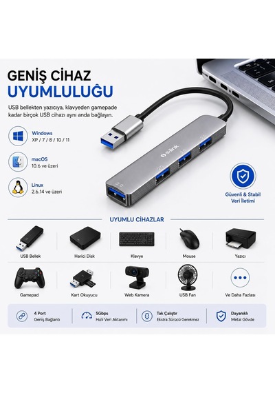 S-link Sw-u333 Usb Hub 4 Port Metal Usb Çoklayıcı, 1x Usb 3.0 + 3x Usb 2.0, 5gbps Hızlı Veri Aktarımı, Slim Alüminyum Tasarım, Tak Çalıştır Usb Çoğaltıcı Hub, Laptop Pc Uyumlu