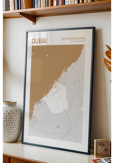 Dubai Bae Uae Şehir Haritası Çerçeveli Tablo Lüks Salon Ofis Duvar Dekorasyonu Hediyelik Tablo Siyah