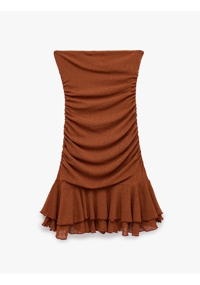 Koton Slim Fit Drapeli Kat Kat Fırfırlı Straplez Mini Elbise Kahverengi 6sak80267ek Kahve