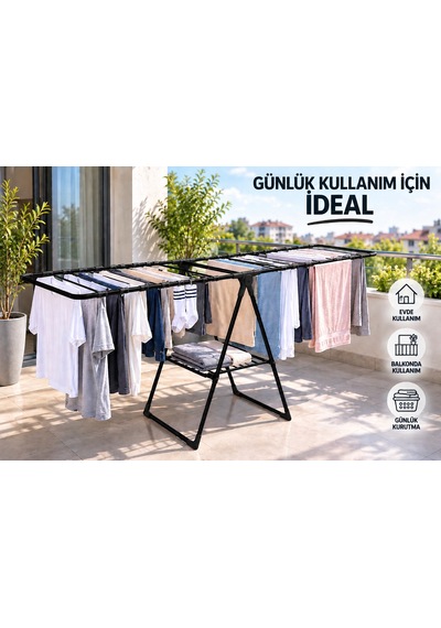Arvıona 190 Cm Kanatlı Çamaşır Kurutmalığı Mandal Sepetli Metal Siyah