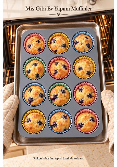 Tilbe Home 12'li Silikon Muffin Kalıbı Yapışmaz Cupcake Kek Kapsül Brownie Mutfak Fırın Tepsisi Pasl Gri