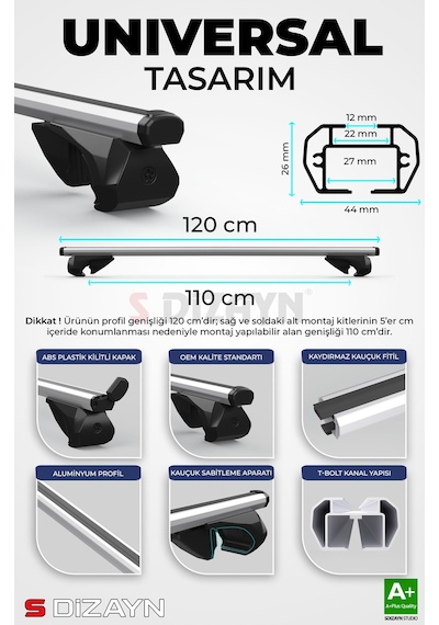 S-dizayn Vw Golf S-bar Atlas V1 Ara Atkı Tavan Taşıyıcı Barı Gri 120 Cm 2004-2014 A+ Kalite