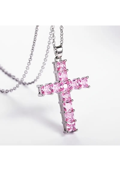 Müstesna Jwl Zirkon Taşlı Istavroz Haç Kolye Pembe Gümüş