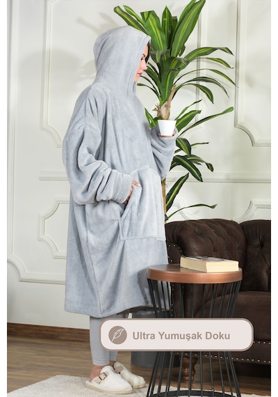 Elart Enjoy Tv Battaniyesi Wellsoft Kapüşonlu Giyilebilir Unisex Over Size 80x110 Cm Gri Gri