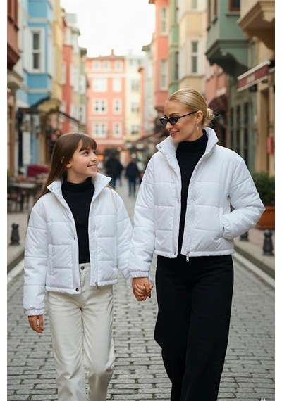 Veraura Lifestyle Kız Çocuk Beyaz Çıtçıtlı Fermuarlı Şişme Mont