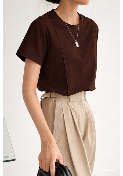 Kadın Kısa Kollu Çizgi Detaylı Basic Tişört Süprem Kumaş Yazlık Rahat T-shirt Kahverengi