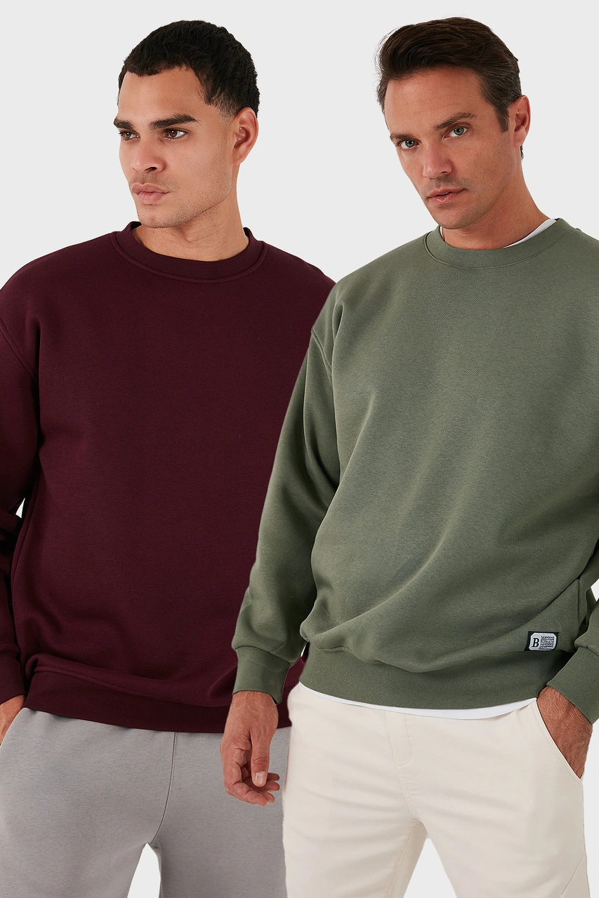 Buratti Regular Fit Bisiklet Yaka Şardonlu 2'Li Paket Erkek Sweat 5905255S2 Haki-Vişne