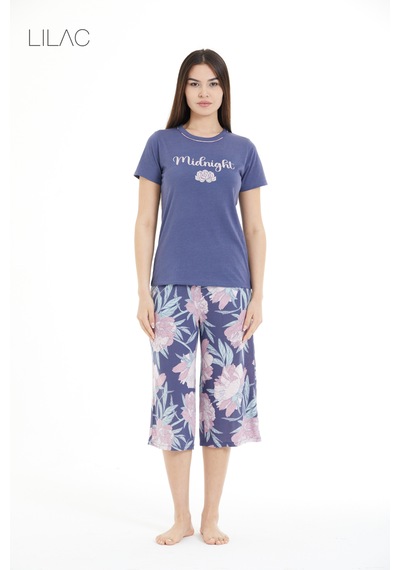 Lılac Kadın Çiçek Desenli %100 Viscon Capri Pijama Takımı Açık Mor