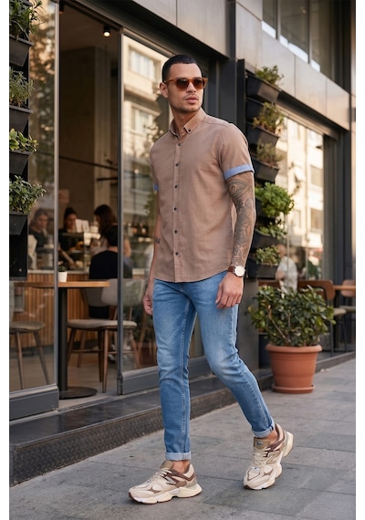Buratti Pamuklu Slim Fit Düğmeli Yaka Kısa Kollu Erkek Gömlek Cf21S112546 Toprak