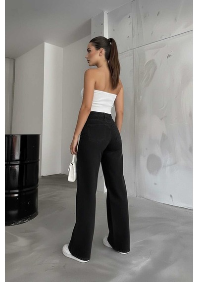 Woddi Çnr Siyah Salaş Likralı Rahat Kesim Palazzo Kot Pantolon Jean New-1
