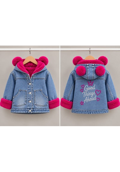 Toikids Kız Çocuk Kapüşonlu İçi Peluş Kürklü Kot Mont Kaban / Tek Parça Fuşya