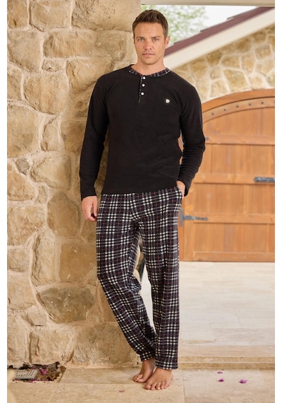 Pijamoni Erkek Düğme Yaka Kışlık Polar Pijama Takımı 6100/17- 1 Adet Siyah